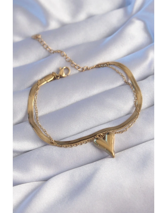 ® 316L Çelik Gold Renk İtalyan Zincirli Kalp Model Bileklik