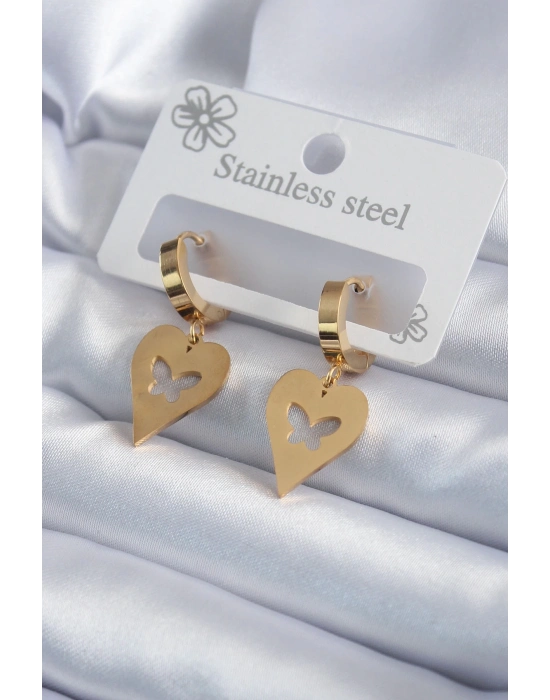 ® 316L Çelik Gold Renk Kalp Model Kelebek İşleme Kadın Küpe