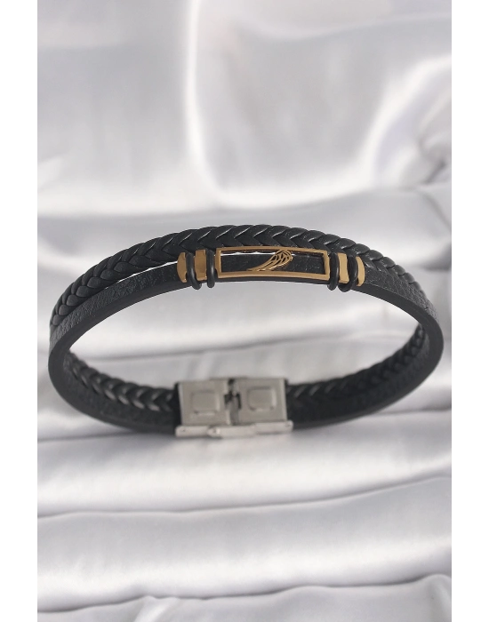 ® 316L Çelik Gold Renk Kanat Aksesuarlı Siyah Burgu Model Deri Kordon Erkek Bileklik