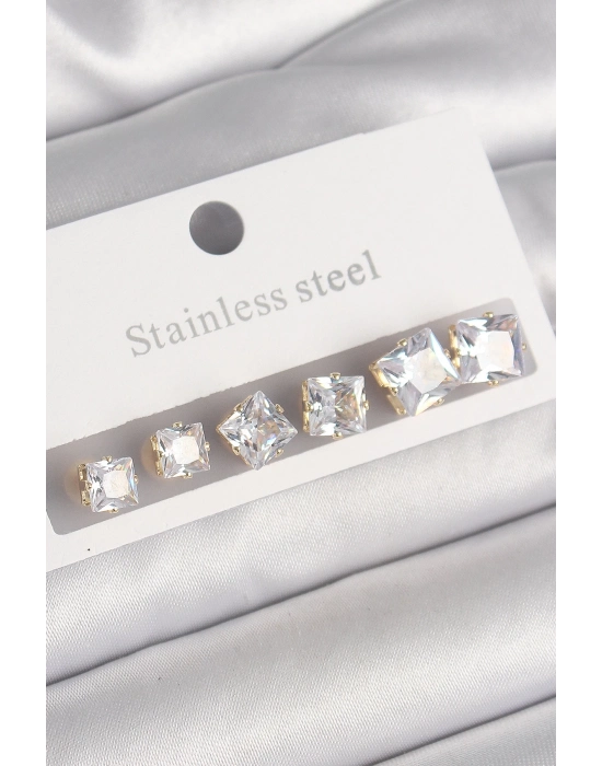 ® 316L Çelik Gold Renk Kare Zirkon Taş Model Kadın Küpe Seti