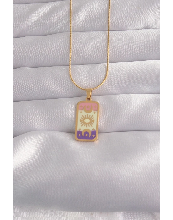 ® 316L Çelik Gold Renk Karışık Mineli Ay Figür Tarot Kolye