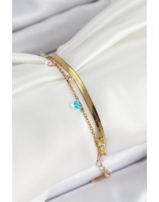 ® 316L Çelik Gold Renk Karışık Renkli Kristal Taşlı 2li Kadın Bileklik