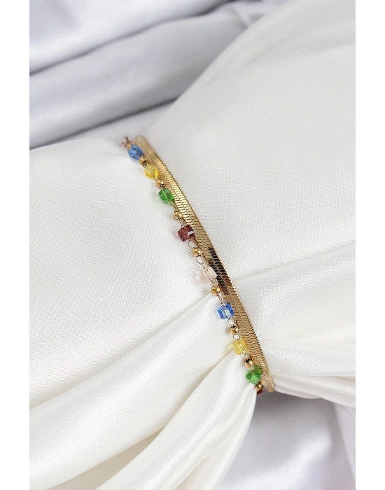 ® 316L Çelik Gold Renk Karışık Renkli Kristal Taşlı Kadın Bileklik
