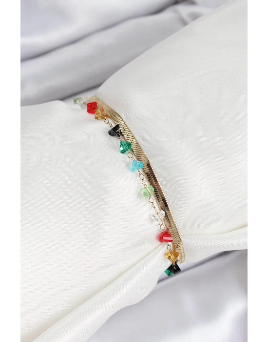 ® 316L Çelik Gold Renk Kristal Karışık Renkli Taşlı 2li Kadın Bileklik