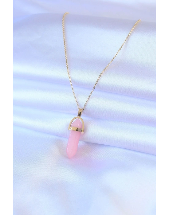 ® 316L Çelik Gold Renk Kristal Pembe Taş Model Kadın kolye