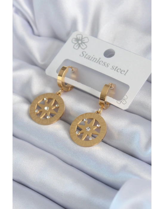 ® 316L Çelik Gold Renk Kutup Yıldızı Model İşleme Detay Zirkon Taşlı Kadın Küpe