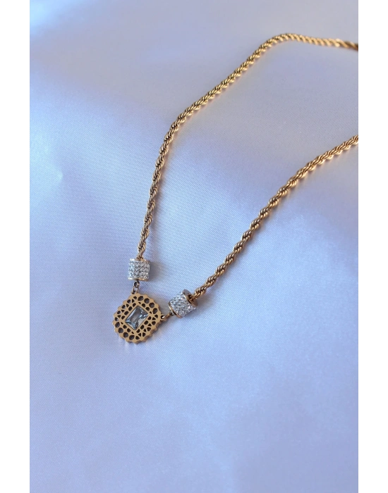 ® 316L Çelik Gold Renk Lotus Model Zirkon Taşlı Burgu Zincir Kadın Kolye