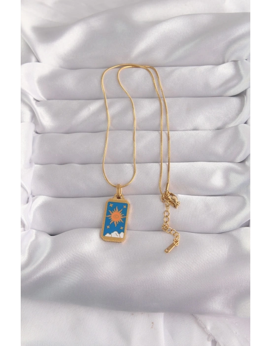 ® 316L Çelik Gold Renk Mavi Mineli Güneş Model Tarot Kolye