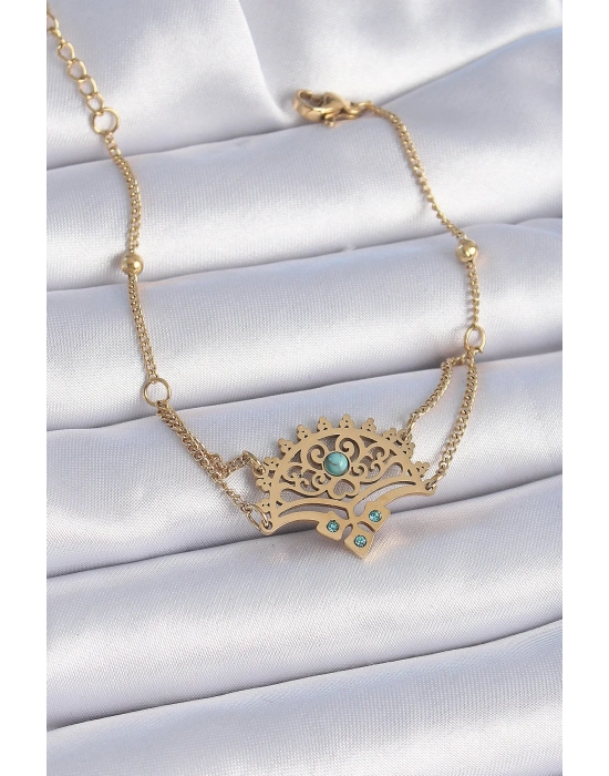 ® 316L Çelik Gold Renk Mavi Taşlı Etnik Desen Kadın Bileklik