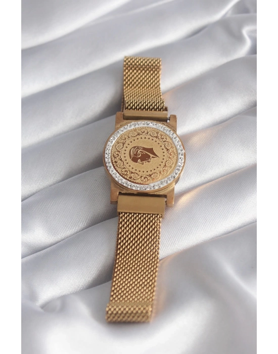 ® 316L Çelik Gold Renk Mıknatıslı Hasır Zirkon Taşlı Çeyrek Altın Model Kadın Bileklik