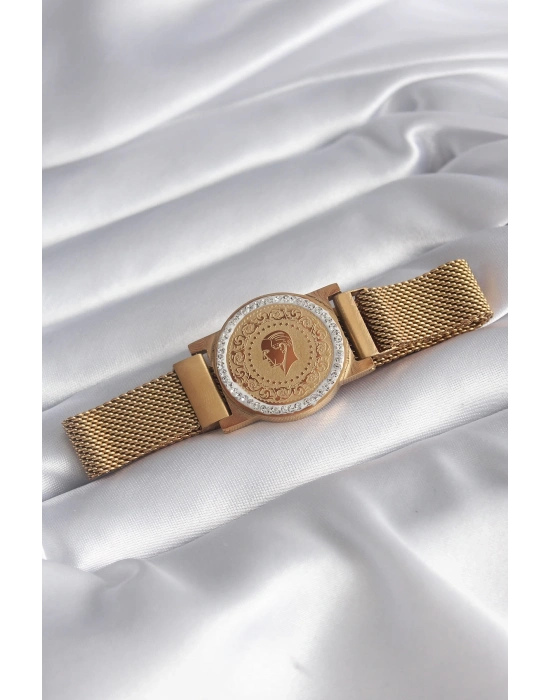 ® 316L Çelik Gold Renk Mıknatıslı Hasır Zirkon Taşlı Çeyrek Altın Model Kadın Bileklik