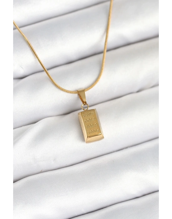 ® 316L Çelik Gold Renk Mini Külçe Altın Model Kolye