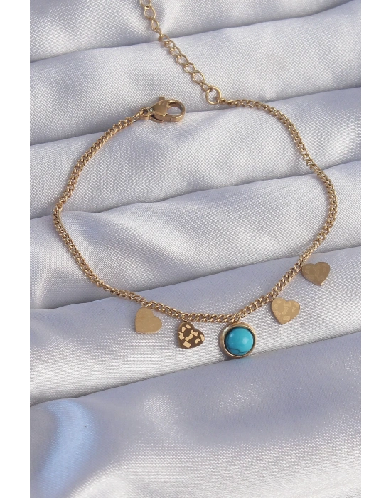 ® 316L Çelik Gold Renk Minimal Kalpli Mavi Taş Detaylı Bileklik