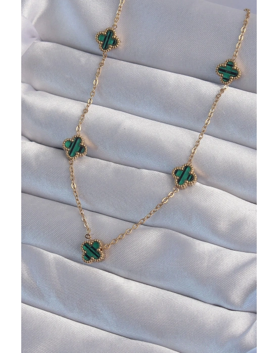 ® 316L Çelik Gold Renk Minimal Yeşil Mineli Yonca Kolye