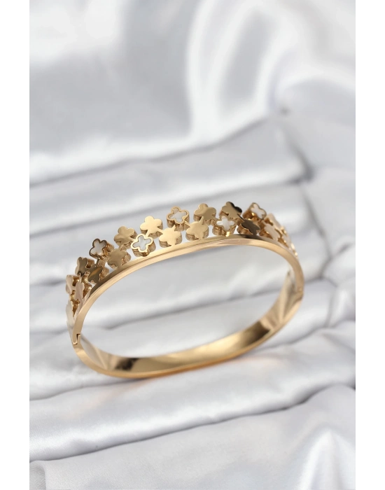 ® 316L Çelik Gold Renk Minimal Yoncalı Kadın Kelepçe Bileklik