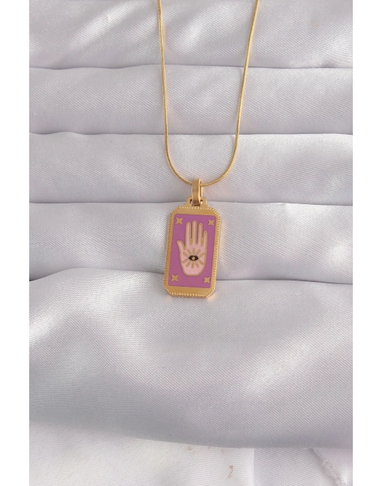 ® 316L Çelik Gold Renk Mor Mineli El Figür Tarot Kolye