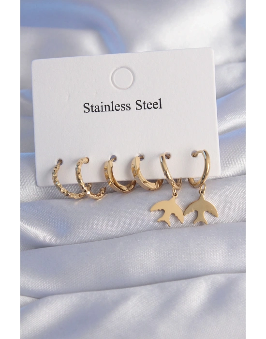 ® 316L Çelik Gold Renk Oval Tasarım Kuş Model Küpe Seti