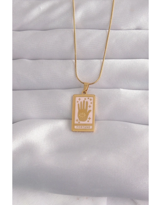 ® 316L Çelik Gold Renk Pembe Mineli El Figür Tarot Kolye
