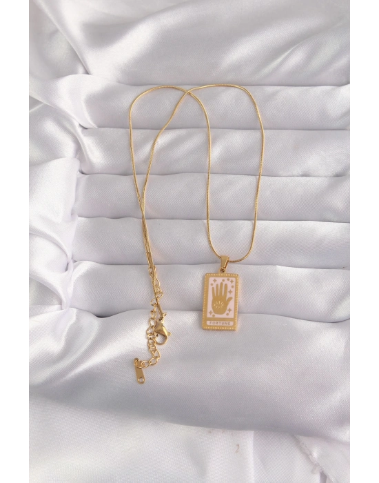 ® 316L Çelik Gold Renk Pembe Mineli El Figür Tarot Kolye