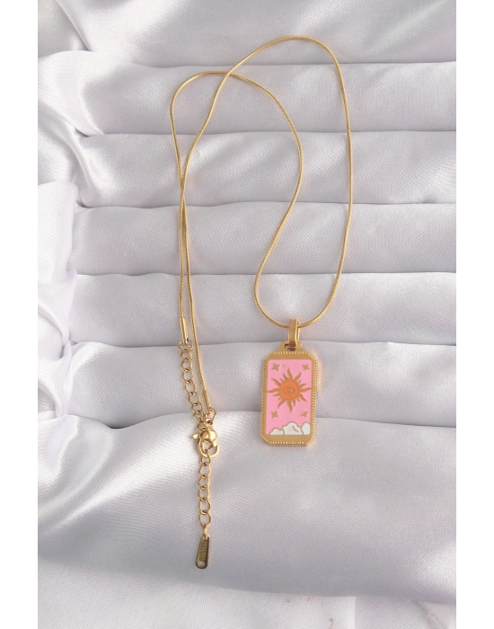 ® 316L Çelik Gold Renk Pembe Mineli Güneş Model Tarot Kolye