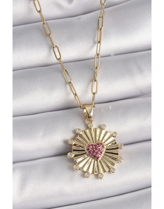 ® 316L Çelik Gold Renk Pembe Zirkon Taşlı Kalp İşleme Madalyon Model Kadın Kolye
