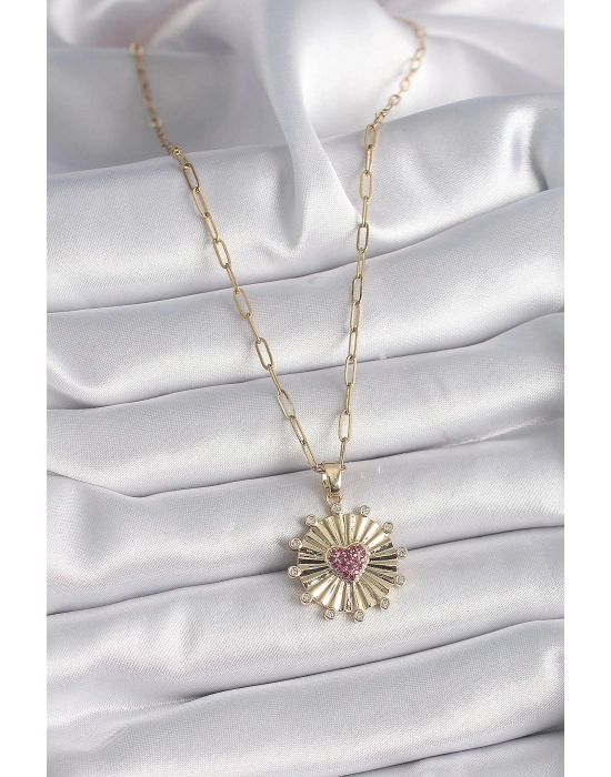 ® 316L Çelik Gold Renk Pembe Zirkon Taşlı Kalp İşleme Madalyon Model Kadın Kolye