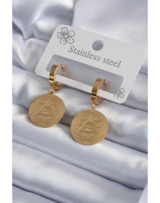 ® 316L Çelik Gold Renk Pentagram İşleme Model Kadın Küpe