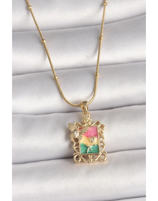 ® 316L Çelik Gold Renk Renkli Zirkon Taşlı Kelebek İşlemeli Portre Model Kadın Kolye