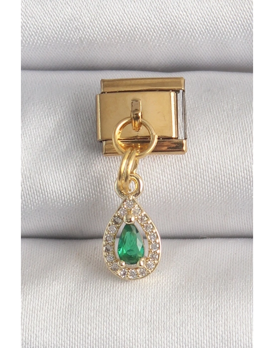 ® 316L Çelik Gold Renk Sallantı Damla Yeşil Zirkon Taşlı Nomination Charm