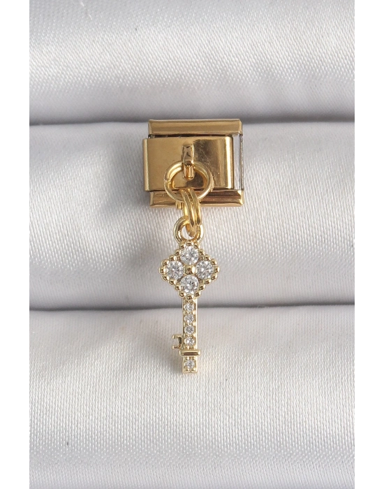 ® 316L Çelik Gold Renk Sallantı Zirkon Taşlı Anahtar Model Nomination Charm