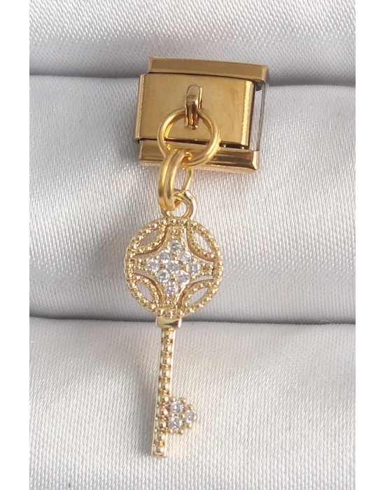 ® 316L Çelik Gold Renk Sallantı Zirkon Taşlı Anahtar Model Nomination Charm