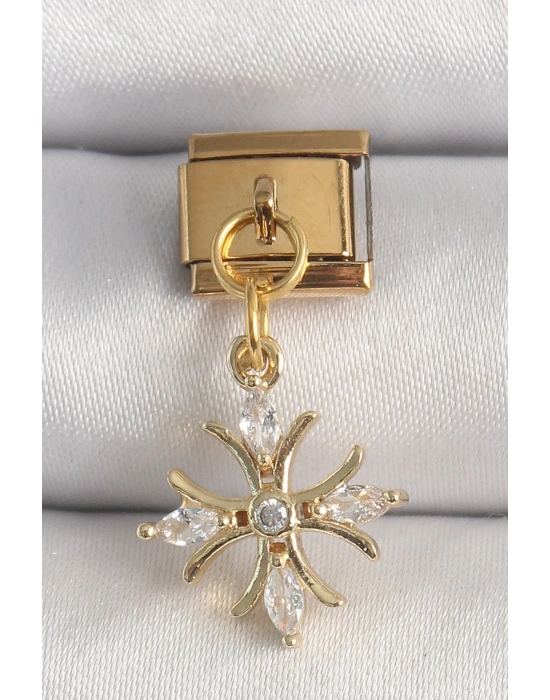 ® 316L Çelik Gold Renk Sallantı Zirkon Taşlı Kar Tanesi Model Nomination Charm