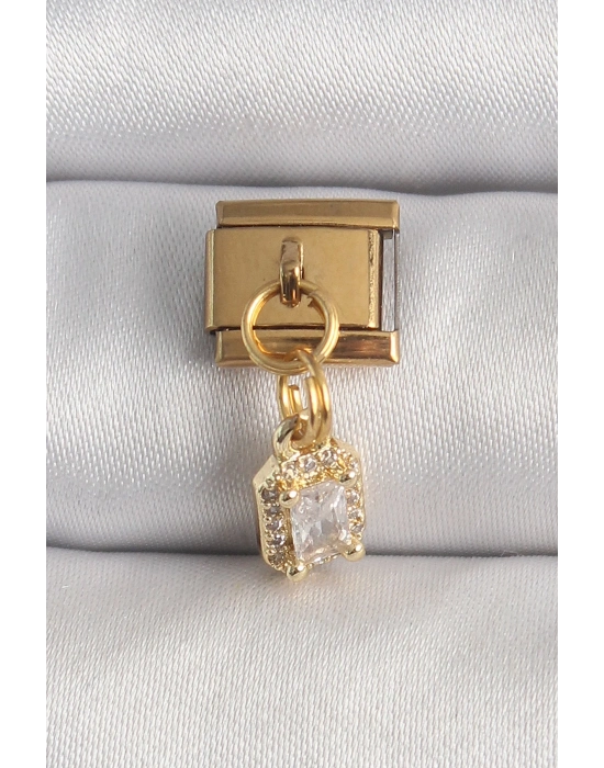® 316L Çelik Gold Renk Sallantı Zirkon Taşlı Kare Model Nomination Charm