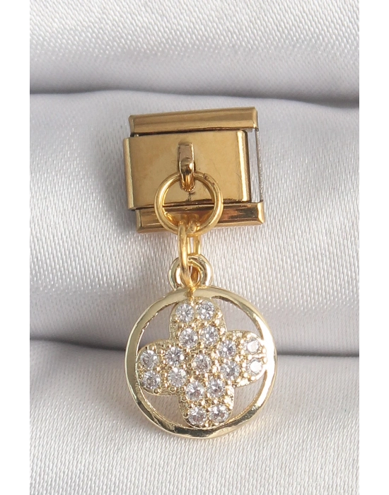® 316L Çelik Gold Renk Sallantı Zirkon Taşlı Yonca Model Nomination Charm