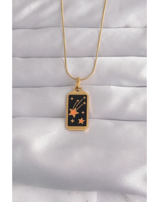 ® 316L Çelik Gold Renk Siyah Mineli Yıldız Figür Tarot Kolye