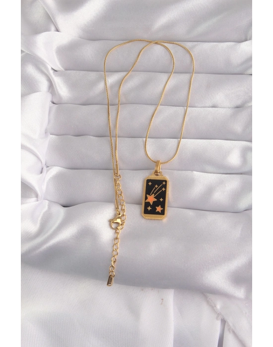 ® 316L Çelik Gold Renk Siyah Mineli Yıldız Figür Tarot Kolye