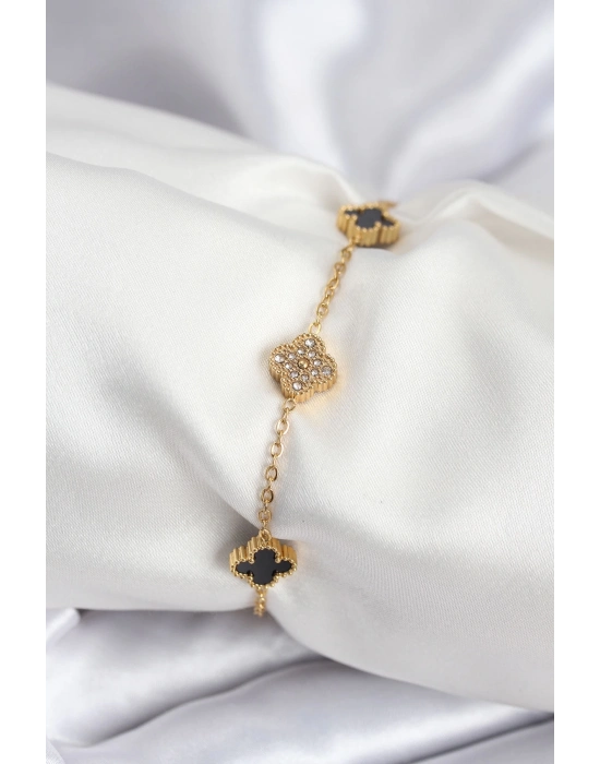® 316L Çelik Gold Renk Siyah ve Zirkon Taşlı Baby Boy Yonca Kadın Bileklik
