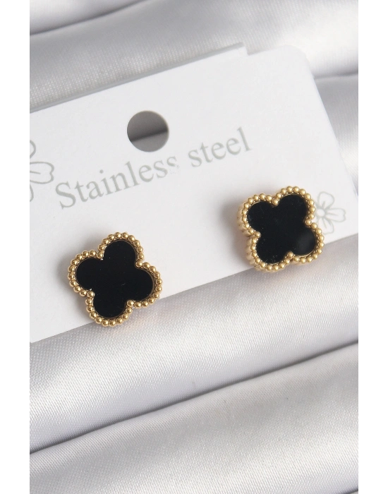® 316L Çelik Gold Renk Siyah Yonca Model Kadın Küpe
