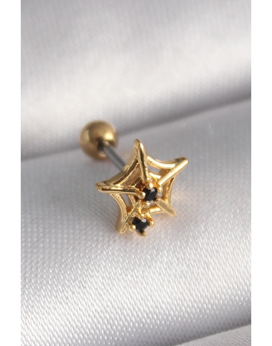 ® 316L Çelik Gold Renk Siyah Zirkon Taş Detay Örümcek Ağ Model Tragus Piercing