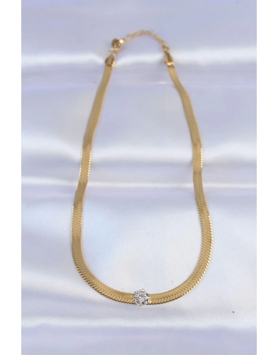 ® 316L Çelik Gold Renk Tek Zirkon Taşlı İtalyan Zincir Kolye