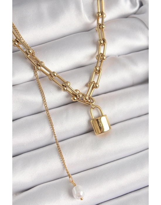 ® 316L Çelik Gold Renk Tifany Zincir Model Kilit Figür Sallantı İnci Detay Kadın Kolye