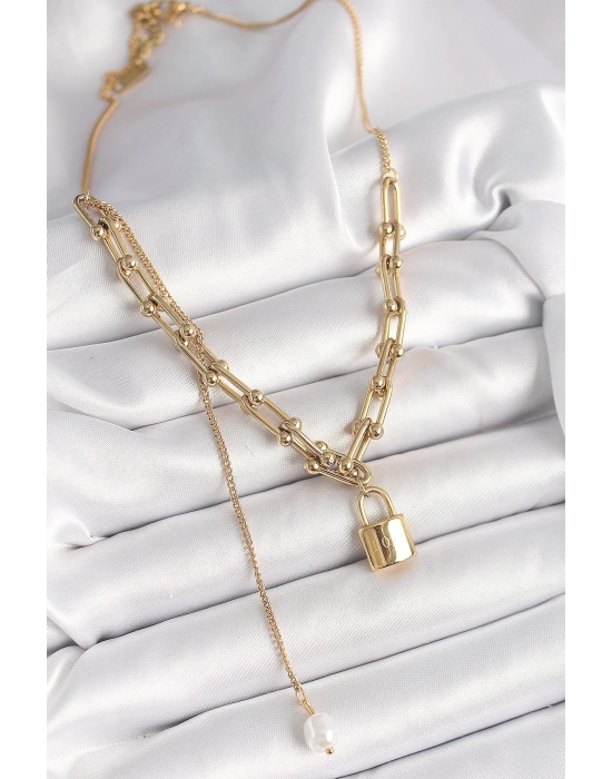 ® 316L Çelik Gold Renk Tifany Zincir Model Kilit Figür Sallantı İnci Detay Kadın Kolye