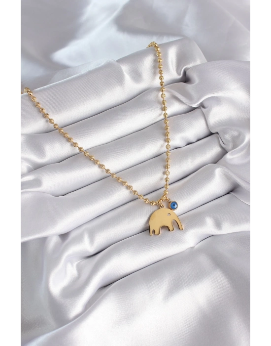 ® 316L Çelik Gold Renk Top Zincir Model Fil Figür Nazar Boncuk Detay Kadın Kolye
