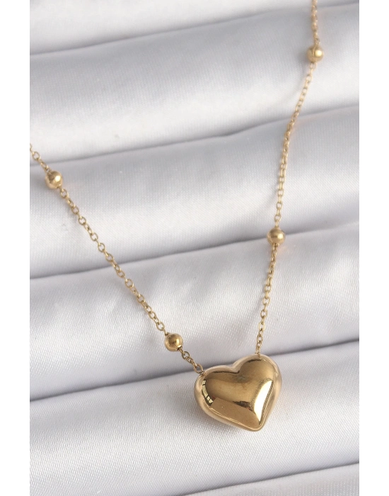 ® 316L Çelik Gold Renk Topçuk Detaylı Zincir Kalp Model Kadın Kolye