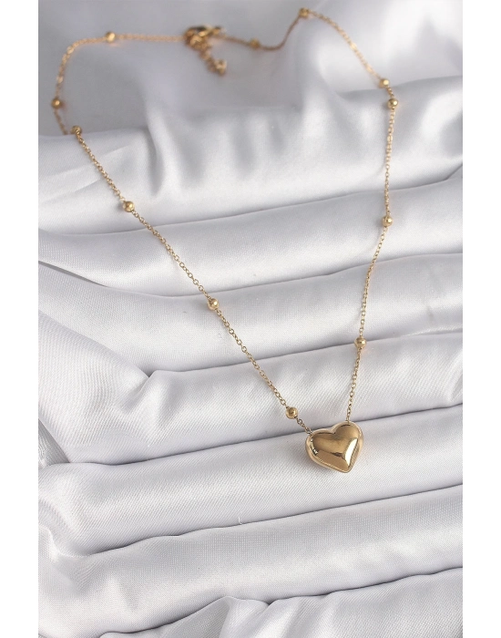 ® 316L Çelik Gold Renk Topçuk Detaylı Zincir Kalp Model Kadın Kolye