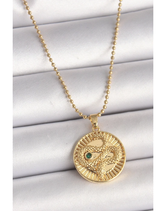 ® 316L Çelik Gold Renk Topçuk Zincir Yılan İşlemeli Zirkon Taş Detaylı Madalyon Model Kadın Kolye