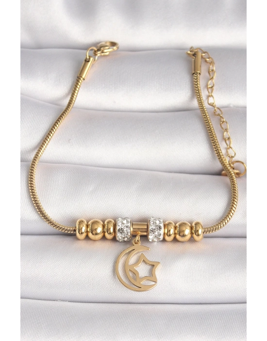 ® 316L Çelik Gold Renk Tüp Zincir Zirkon Taş Detaylı Sallantı Ay Yıldız Figür Kadın Bileklik