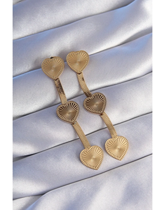 ® 316L Çelik Gold Renk Uzun İtalyan Zincir Detaylı Kalp Küpe