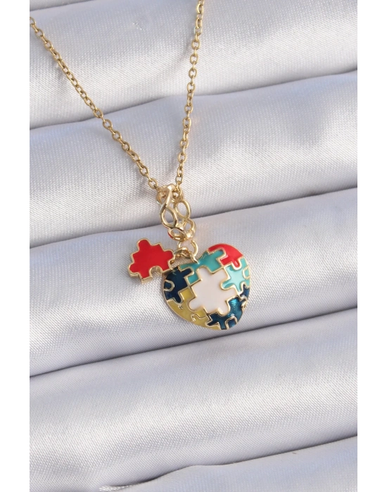 ® 316L Çelik Gold Renk Yapboz Motif Kalp Figür Charm Model Kadın Kolye