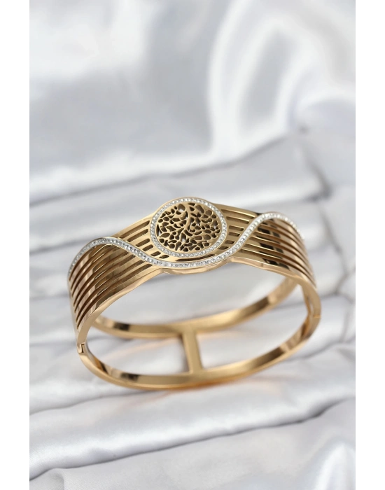 ® 316L Çelik Gold Renk Yaşam Ağacı Modelli Kadın Kelepçe Bileklik